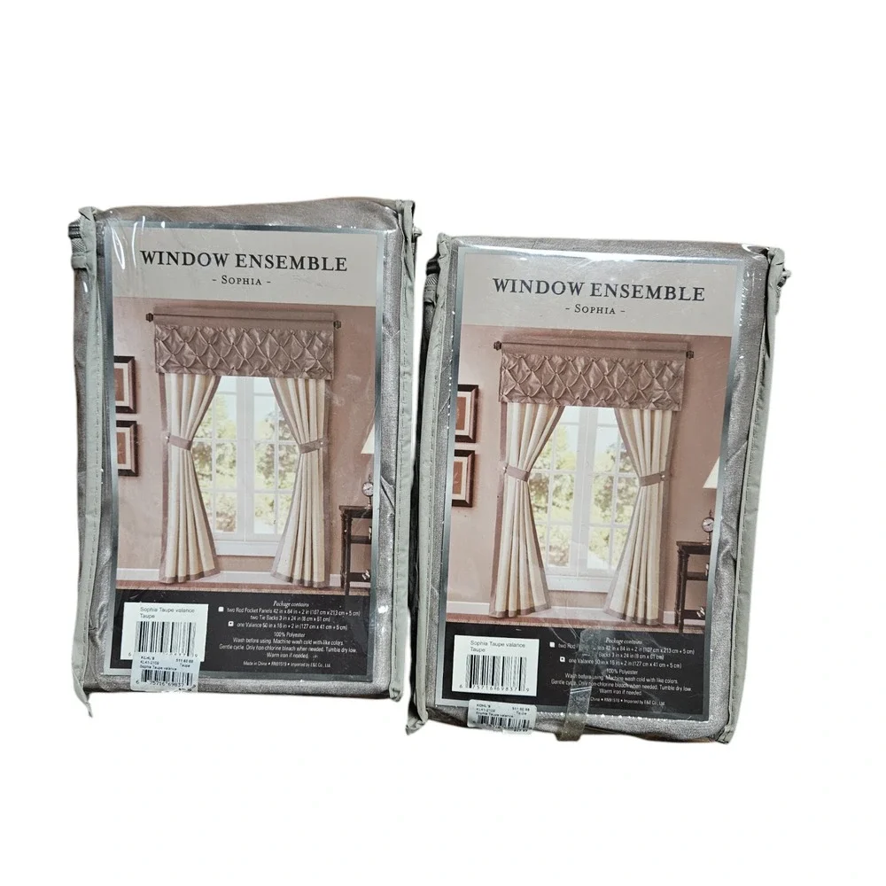 Window Ensemble Sophia Taupe Brown Valance 50in x 16in 2 Tie Backs NWT